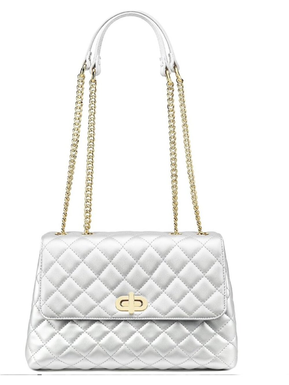 Women's Silver Quilted Leather Shoulder Purse Chain Strap Crossbody Bag